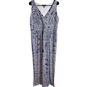 Chaps Empire Waist Maxi Dress Sz L V-Neck Blue White Print Sleeveless Side Slit